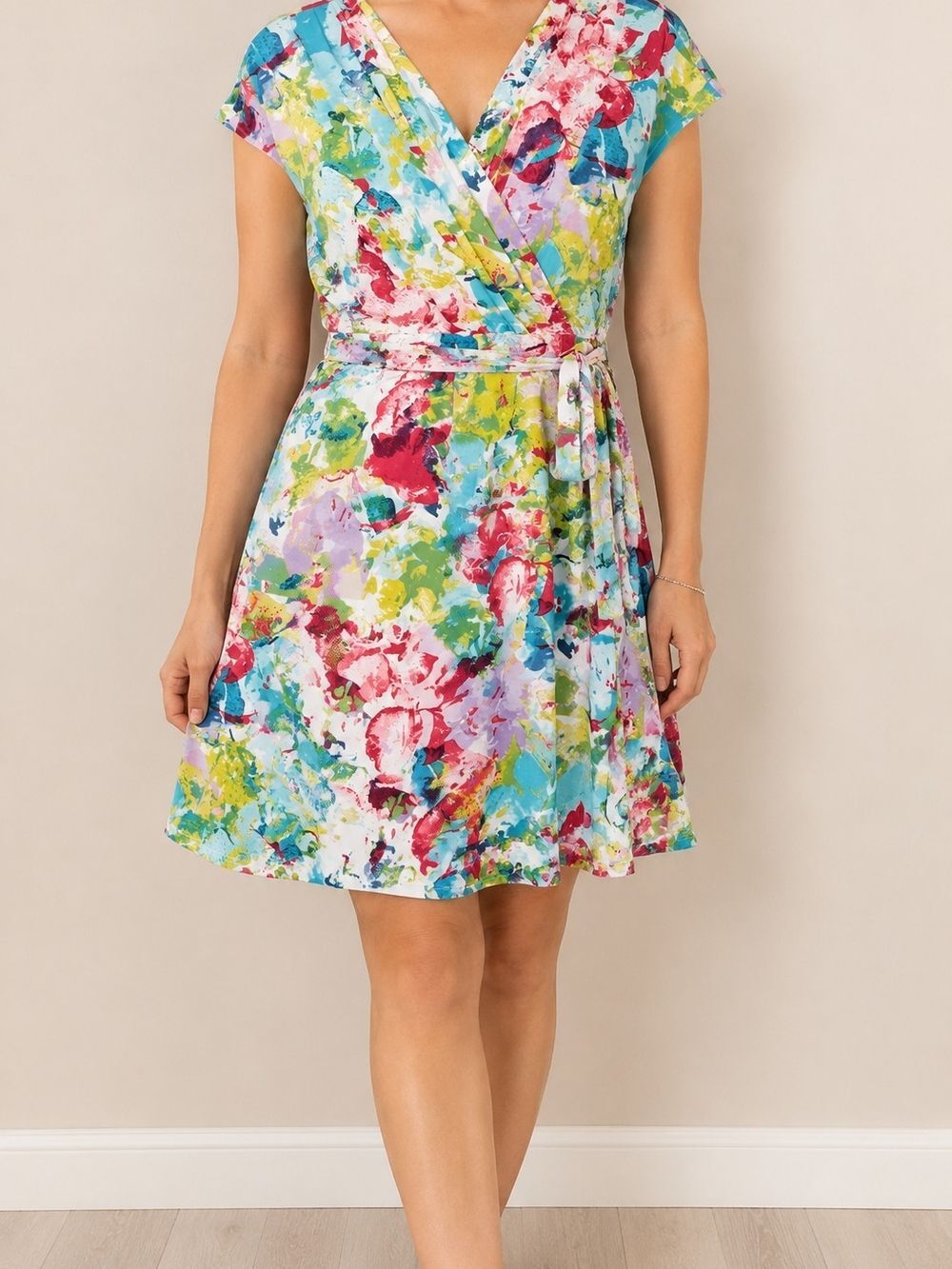 212 Collection Floral Faux Wrap Dress Large Multicolor Short Sleeve Fit & Flare